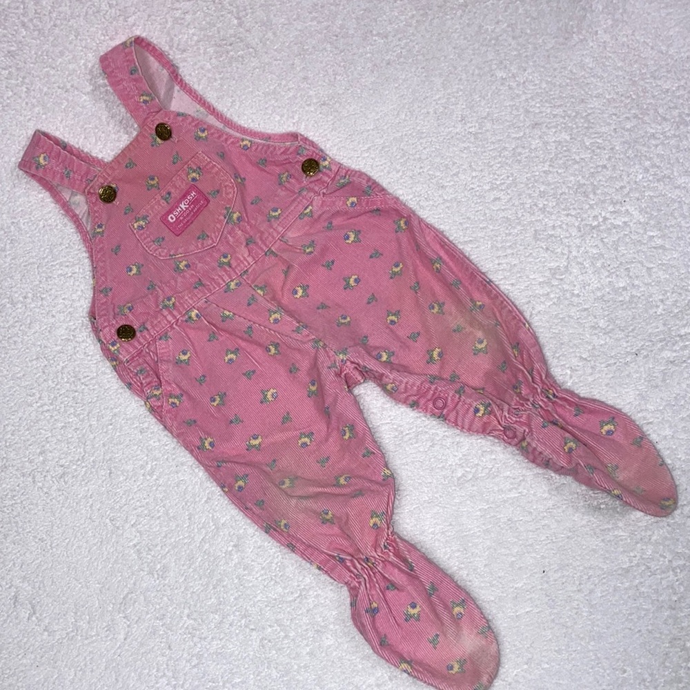 Vintage Oshkosh pink corduroy floral feetie overalls made in USA 6/9m